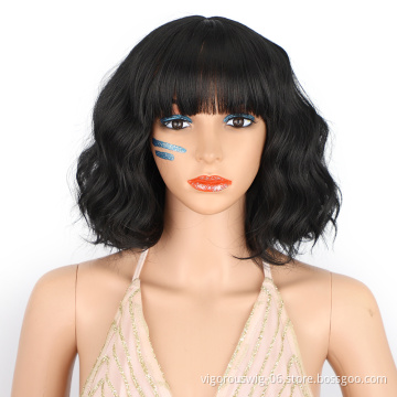 Top Sale Vendor Short Wavy Wig Bangs Synthetic Wigs for Women Natural Color Hair Bob Wigs Heat Resistant Fiber
